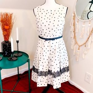 Danny & Nicole White Black Polka Dot Belted Fit & Flare Retro Style Pinup Dress